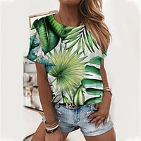 Women's Floral Theme Painting T shirt Floral Graphic Print Round Neck Basic Tops Army Green Green Light Green Lightinthebox - thumbnail