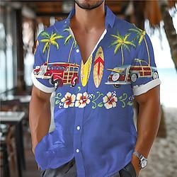 Palm Tree Bus Men's Resort Hawaiian 3D Printed Shirt Outdoor Vacation Beach Summer Turndown Short Sleeve Blue Green S M L Shirt Lightinthebox