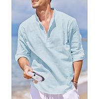 Men's Shirt Linen Shirt Popover Shirt Beach Shirt Black White Sky Blue Long Sleeve Plain Standing Collar Spring   Fall Casual Daily Clothing Apparel Lightinthebox - thumbnail