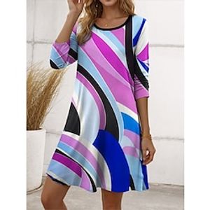 Women's Casual Dress T Shirt Dress Tee Dress Geometric Color Block Print Crew Neck Mini Dress Streetwear Street Holiday Long Sleeve Loose Fit Blue Purple Green Spring S M L XL 2XL Lightinthebox