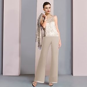 Jumpsuit  Pantsuit 3 Piece Mother of the Bride Dress Formal Wedding Guest Plus Size Elegant Scoop Neck Floor Length Lace Charmeuse Sleeveless Wrap Included with Appliques 2023 Lightinthebox