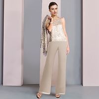 Jumpsuit  Pantsuit 3 Piece Mother of the Bride Dress Formal Wedding Guest Plus Size Elegant Scoop Neck Floor Length Lace Charmeuse Sleeveless Wrap Included with Appliques 2023 Lightinthebox - thumbnail