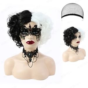 101 Dalmatians Cruella Synthetic Wig Cosplay Wig Cruella Wavy Bouncy Curl Bob Middle Part Black-White Synthetic Hair for Women Cosplay Heat Resistant Free Cap 14inch miniinthebox