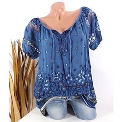 Women's Blouse Shirt Floral Polka Dot Graphic Lace V Neck Basic Elegant Ethnic Tops Blue White Pink Lightinthebox