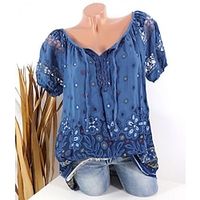 Women's Blouse Shirt Floral Polka Dot Graphic Lace V Neck Basic Elegant Ethnic Tops Blue White Pink Lightinthebox - thumbnail