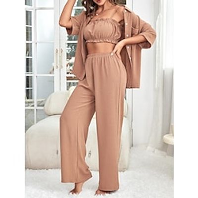 Women's Loungewear Sets 3 Pieces Pure Color Fashion Comfort Soft Home Daily Bed Polyester Breathable Lapel Long Sleeve Shirt Pant Button Pocket Fall Winter Lotus Pink Lightinthebox