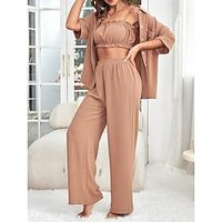 Women's Loungewear Sets 3 Pieces Pure Color Fashion Comfort Soft Home Daily Bed Polyester Breathable Lapel Long Sleeve Shirt Pant Button Pocket Fall Winter Lotus Pink Lightinthebox - thumbnail
