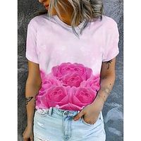 Women's Summer Tops Floral Rose Valentine's Day Royal Blue Purple Rose Pink Print Short Sleeve Daily Print Round Neck Summer Spring Lightinthebox - thumbnail