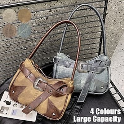 Women's Handbag Shoulder Bag Hobo Bag PU Leather Party Daily Holiday Rivet Buttons Zipper Large Capacity Waterproof Lightweight Patchwork Coffee color Blue Brown Lightinthebox