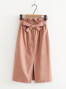 High-waisted mid-length single-breasted lace skirt