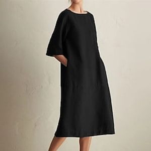 Women's Cotton Linen Dress Casual Dress Shift Dress Maxi long Dress Cotton Blend Casual Daily Holiday Vacation Crew Neck Pocket Contrast Stitching Half Sleeve Summer Spring 2023 Loose Fit Black Wine miniinthebox