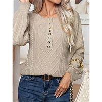 Women's Crew Neck Cable Pullover Sweater Jumper Knit Acrylic Button Fall Winter Regular Outdoor Daily Going out Stylish Casual Soft Long Sleeve Solid Color White Green Apricot S M L Lightinthebox - thumbnail