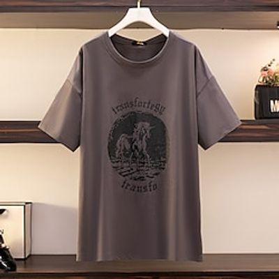 Women's Plus Size Tops Blouse Shirt Horse Letter Print Short Sleeve Round Neck Basic Streetwear Daily Going out Cotton Fall Winter Dark Gray Apricot miniinthebox