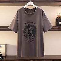 Women's Plus Size Tops Blouse Shirt Horse Letter Print Short Sleeve Round Neck Basic Streetwear Daily Going out Cotton Fall Winter Dark Gray Apricot miniinthebox - thumbnail