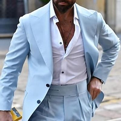 Light Blue Men's Wedding Suits Solid Colored 2 Piece Daily Business Casual Plus Size Single Breasted Two-buttons 2023 miniinthebox