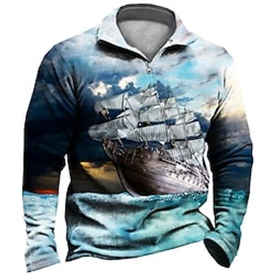 Men's Zip Up Sweatshirt Pullover Quarter Zipper Sweatshirt Green Blue Purple Brown Half Zip Graphic Prints Boat Zipper Print Daily Sports 3D Print Basic Designer Casual Spring   Fall Clothing Apparel miniinthebox
