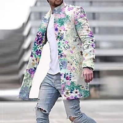 Floral Business Casual Men's Coat Work Wear to work Going out Fall  Winter Stand Collar Long Sleeve Green M L XL Polyester Jacket Lightinthebox
