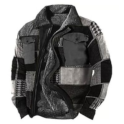 Plaid Casual Men's Sherpa Jacket Coat Sports  Outdoor Daily Wear Going out Fall  Winter Turndown Long Sleeve Gray S M L Polyester Jacket Lightinthebox