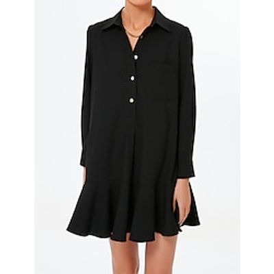 Women's Black Dress Shirt Dress Casual Dress Mini Dress Linen Cotton Blend Basic Casual Daily Weekend Shirt Collar Button Pocket Long Sleeve Summer Spring 2023 Loose Fit Black Plain S M L XL 2XL Lightinthebox