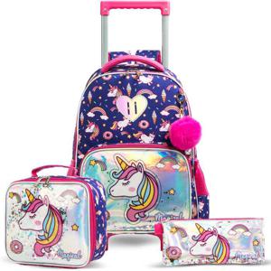 Eazy Kids - 16 Set Of 3 Trolley School Bag Lunch Bag & Pencil Case Unicorn Chrome - Blue