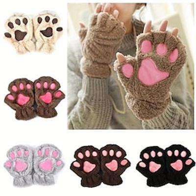 Cute Cat Paw Plush Gloves Winter Half Finger Warm Cartoon Cat Claw Gloves Thickened Soft Short Touchscreen Gloves Lightinthebox