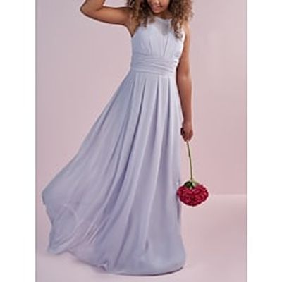 Sheath  Column Floor Length Jewel Neck Chiffon Summer Junior Bridesmaid DressesGowns With Ruching Solid Color Kids Wedding Guest Dress 4-16 Year Lightinthebox