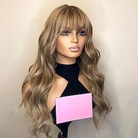 Remy Human Hair 13x4 Lace Front Wig With Bangs Brazilian Hair Wavy Multi-color Wig 130% 150% Density Highlighted / Balayage Hair Natural Hairline Glueless Pre-Plucked For Women Long Human Hair Lace Lightinthebox