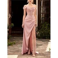 A-Line Evening Gown Glittering Dress Graduation Prom Sweep  Brush Train Sleeveless Off Shoulder Satin with Sequin Slit Embroidery 2023 Lightinthebox - thumbnail