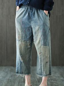 Stripe Patchwork Women Ripped Jeans