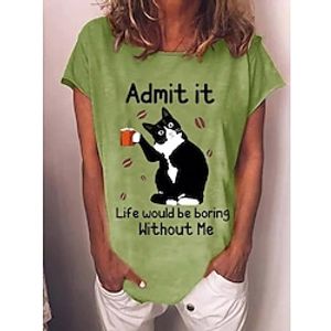 Women's T shirt Tee White Pink Blue Cat Text Print Short Sleeve Daily Weekend Basic Round Neck Regular Cat Painting S Lightinthebox