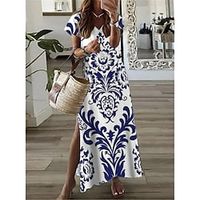 Women's Shift Dress Maxi long Dress Blue Short Sleeve Floral Split Print Spring Summer V Neck Casual Vacation 2022 S M L XL XXL 3XL miniinthebox - thumbnail