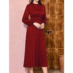 Women's Casual Dress Semi Formal Dress Plain Dress Long Dress Maxi Dress Lace up Pleated Wedding Guest Daily Date Active Fashion Crew Neck Long Sleeve 2023 Loose Fit Red Color S M L XL Size Lightinthebox