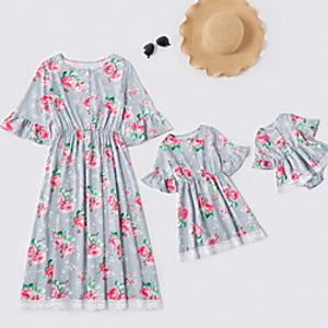 Mommy and Me Dress Floral Print Purple Short Sleeve Knee-length Basic Matching Outfits miniinthebox