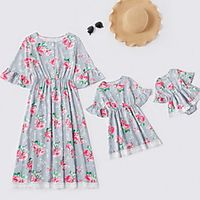 Mommy and Me Dress Floral Print Purple Short Sleeve Knee-length Basic Matching Outfits miniinthebox - thumbnail