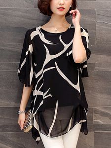 Round Neck Hollow Out Printed Cape Sleeve Blouse