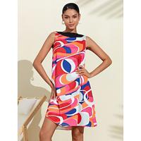 Satin Fanny Colorful Geometric Streamline Print Dress - thumbnail