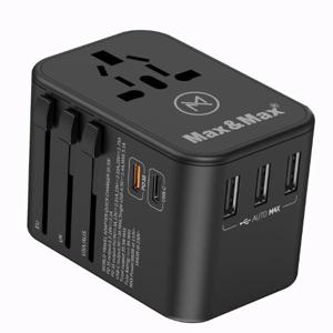 Max & Max Universal Travel Adapter | PD+Type-C + 3 USB Ports | Compact, Lightweight, Worldwide Use