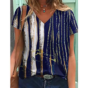 Women's Abstract Geometric Painting T shirt Striped Color Block Print V Neck Basic Tops Royal Blue miniinthebox
