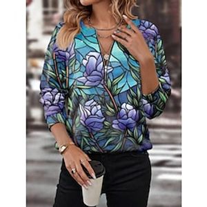 Women's Sweatshirt Pullover Floral Butterfly Active Sportswear Print Quarter Zip Blue Purple Casual Sports Round Neck Long Sleeve Micro-elastic Fall  Winter Lightinthebox