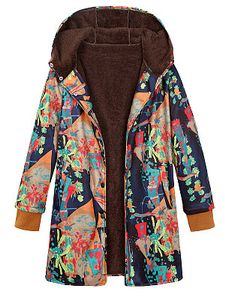 Hat Collar Long Sleeve Cotton Jacket Flower Print Coat