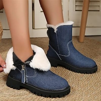 Women's Boots Snow Boots Plus Size Daily Fleece Lined Booties Ankle Boots Flat Heel Round Toe Plush Casual Comfort Canvas Zipper Solid Color Blue Lightinthebox