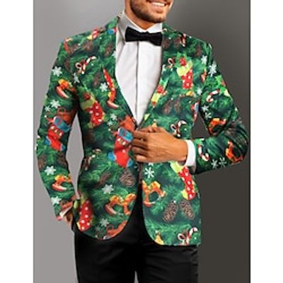 Men's Christmas Ugly Blazer Jacket Regular Tailored Fit Christmas Tree Printing Single Breasted One-button ArmyGreen 2023 Lightinthebox