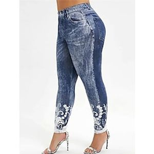 Women's Tights Leggings Faux Denim Blue Purple Red Mid Waist Fashion Casual Weekend Print Stretchy Ankle-Length Comfort Flower  Floral S M L XL XXL  Slim Lightinthebox