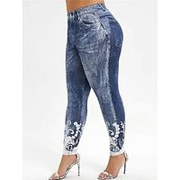 Women's Tights Leggings Faux Denim Blue Purple Red Mid Waist Fashion Casual Weekend Print Stretchy Ankle-Length Comfort Flower  Floral S M L XL XXL  Slim Lightinthebox - thumbnail