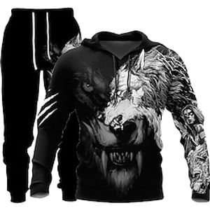 Men's Tracksuit Hoodies Set Black Hooded Graphic Animal Wolf 2 Piece Print Sports  Outdoor Casual Sports 3D Print Basic Streetwear Designer Fall Spring Clothing Apparel Hoodies Sweatshirts  miniinthebox