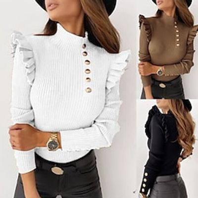 Women's Shirt Blouse Plain Black White Khaki Ruffle Button Long Sleeve Work Fashion Turtleneck High Neck Regular Fit Fall  Winter Lightinthebox