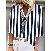 Women's Shirt Blouse Striped Daily Print Navy Blue 3/4 Length Sleeve Casual V Neck Spring Summer Lightinthebox