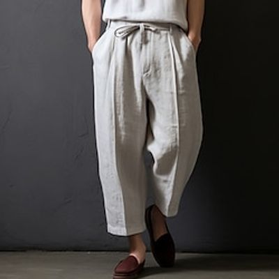 Men's Linen Pants Trousers Summer Pants Pocket Drawstring Elastic Waist Plain Comfort Breathable Outdoor Daily Going out Linen Cotton Blend Fashion Casual White Lightinthebox