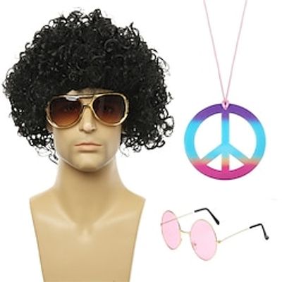 70s Wigs for Men Disco Wig for Halloween Party Short Brown Feathered Wig with Glasses Necklace miniinthebox