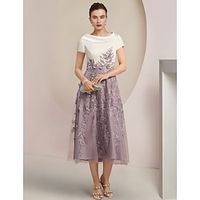 A-Line Mother of the Bride Dress Formal Wedding Guest Elegant Scoop Neck Tea Length Satin Lace Short Sleeve with Sequin Appliques Color Block 2023 Lightinthebox - thumbnail